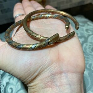 Brass And Copper Bracelet, Mixed Metal Twisted Braided Cuff, Hammered Wire
